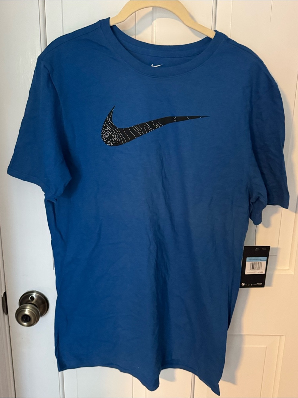 NWT Nike Royal Blue Short-Sleeve Tee with Black Patterned Swoosh Sz M
